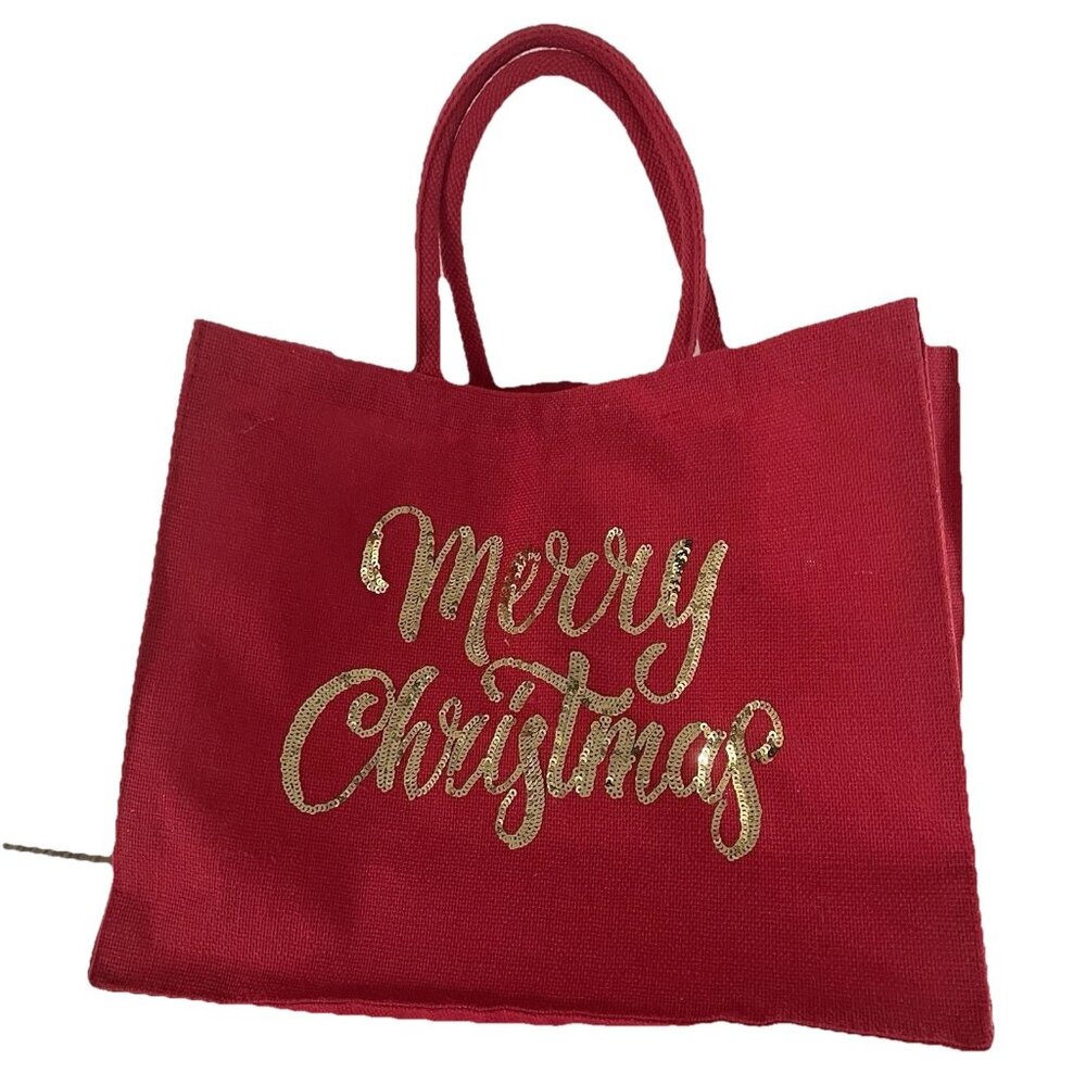 Christmas Tote Bag Jute Red Merry Christmas Design Gold Sequins